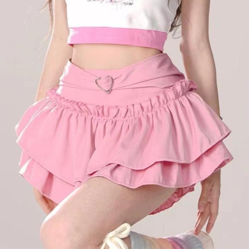 Herz-Schnalle Mehrlagiger Minirock Damen Rüschen Miniröck Kawaii Skort Y2K Japanischer Balletcore