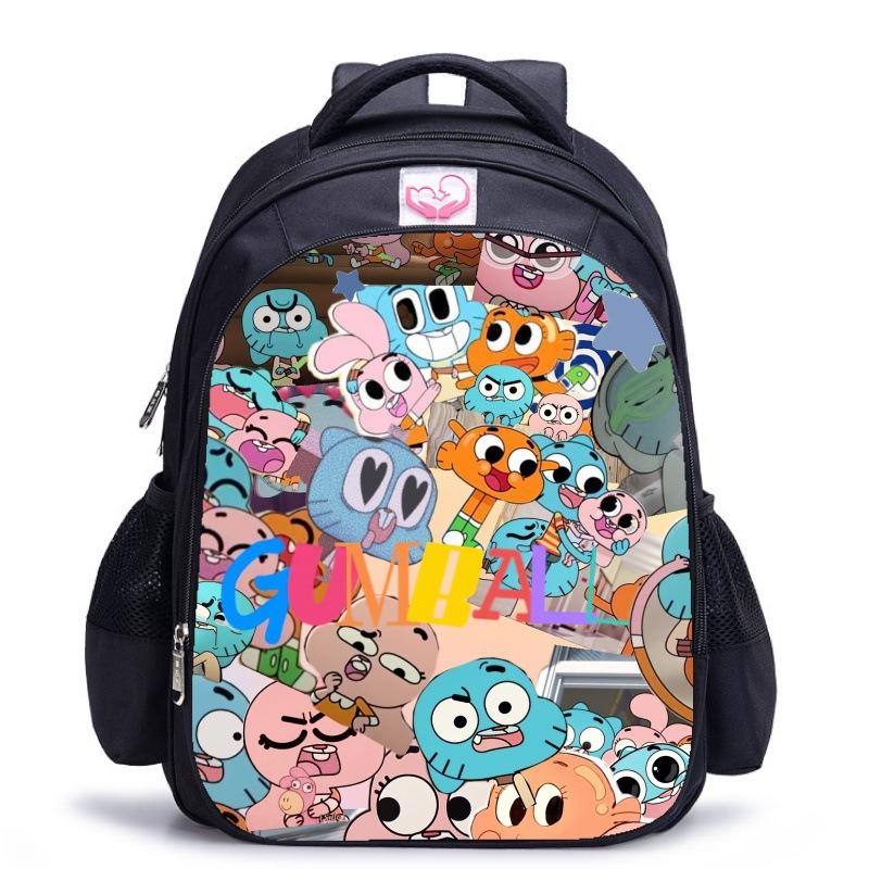 Zaino Scuola per Bambini, Testa Grande Gatto Blu Forrest Gump Scuola di Animazione, Tessuto Oxford Nero Resistente allo Sporco Grande Capacità.