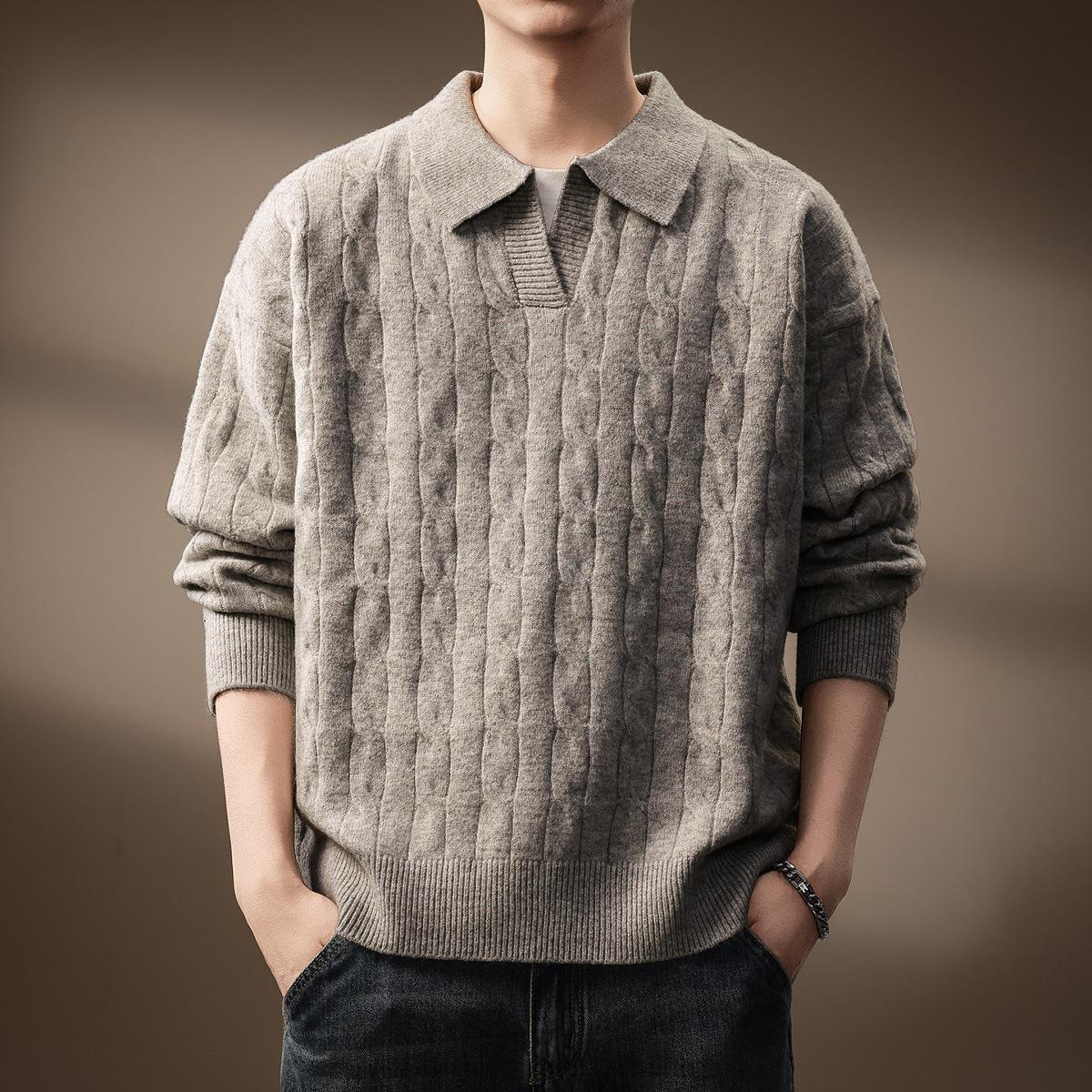 

Premium Retro Textured Knit Polo Sweater for Men - Autumn/Winter Versatile Casual Top 2XL fits 160-180 lbs