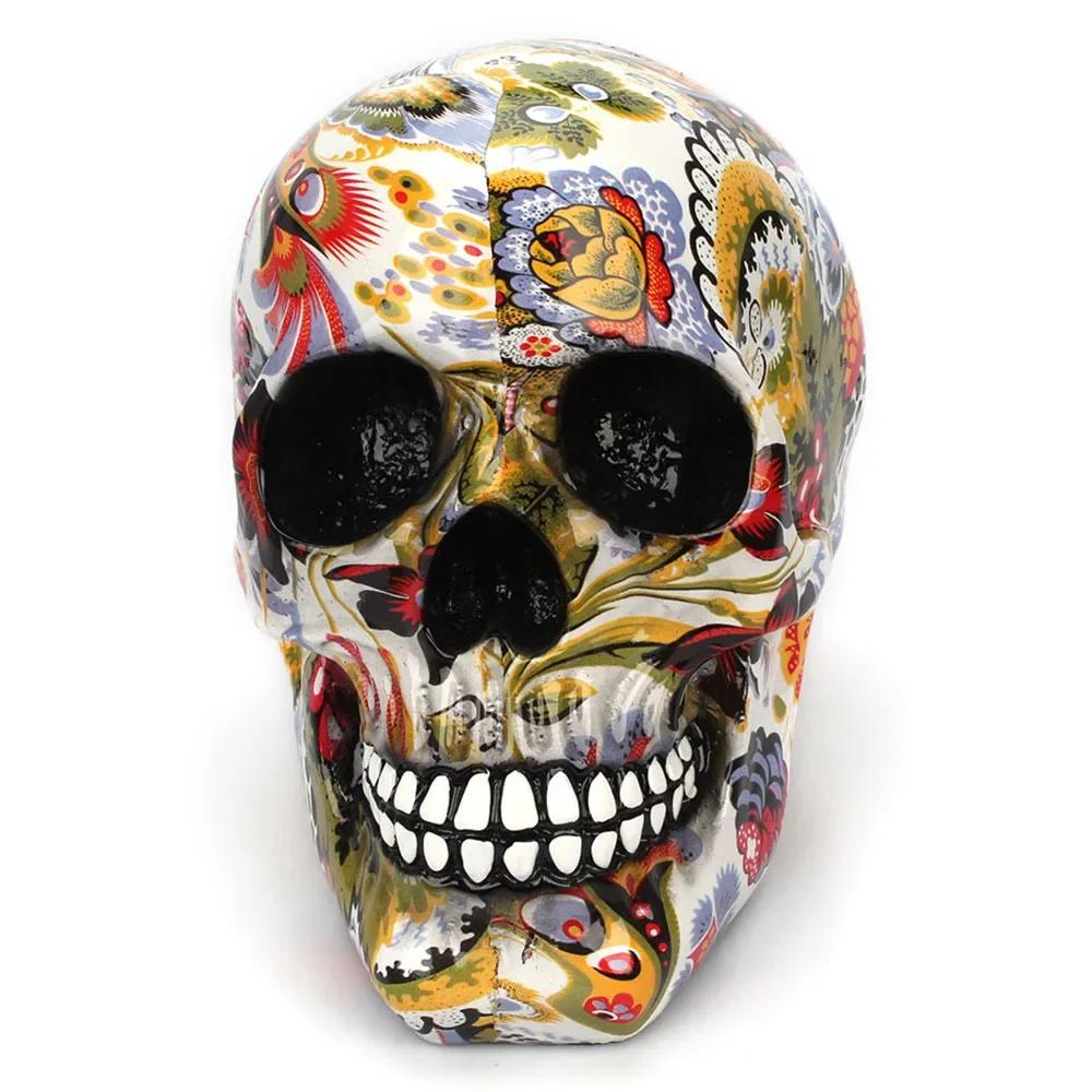 1pc, Horror Skull Decoration Resin Color Flower Painting Halloween Skull Home Bar Table Desktop Decoration Craft Gift