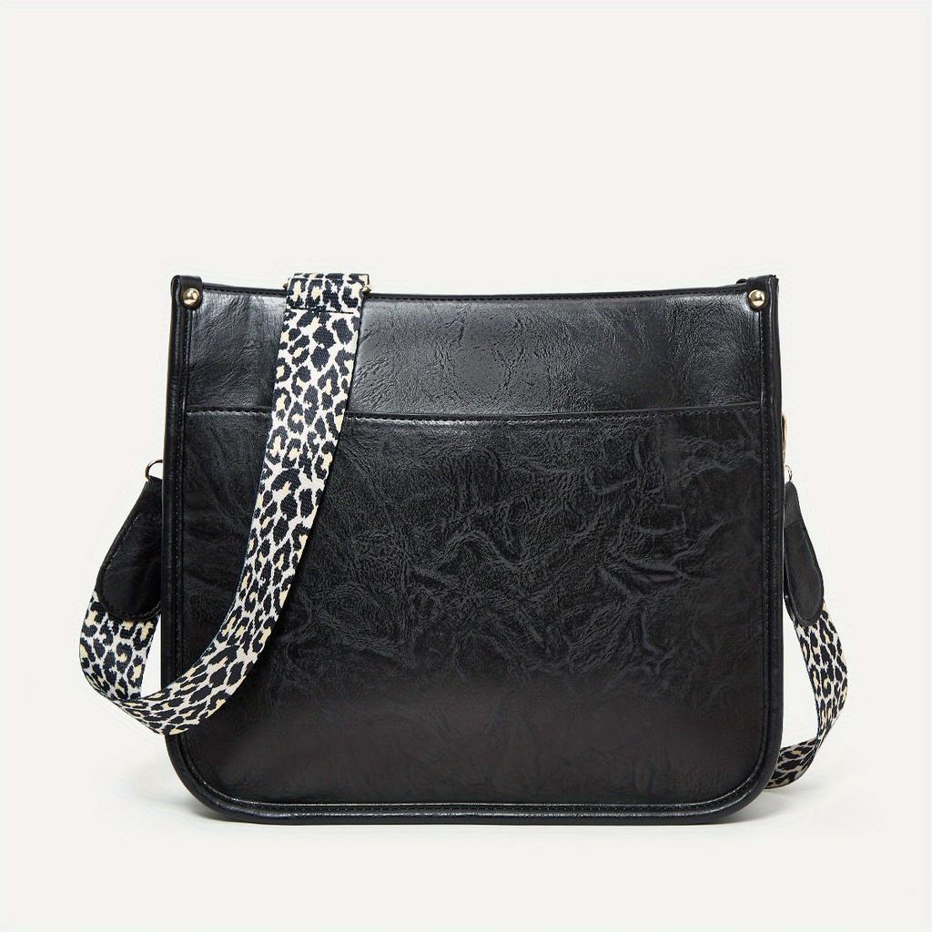 Bolso Bandolera de Cuero PU de Color Sólido Vintage Gran Capacidad Bolso de Hombro con Estampado de Leopardo Simple Bolso Tote de Moda Multifuncional