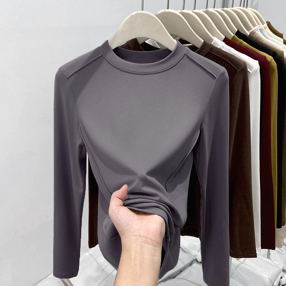 Fleece polished small stand-up neck bottoming shirt women's spring fishbone front shoulder slim-fitting long-sleeved T-shirt with top inside