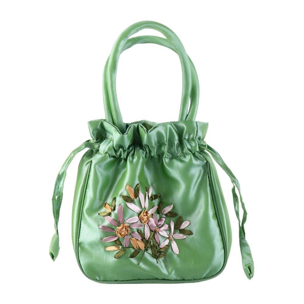 Satin Silk Hanfu Drawstrings Bag Leaf Small Purse Wallet Fashion Embroidery Flower Handbag Daily