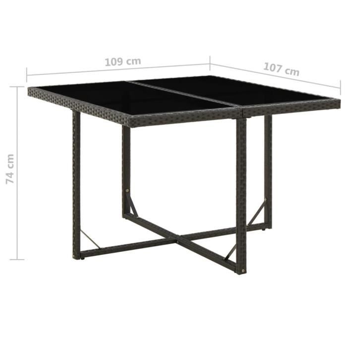 VidaXL Table de jardin Noir 109x107x74 cm Résine tressée et verre