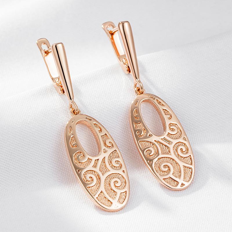 Fashion Glossy Oval Long Drop Earrings For Women  Rose Gold Unique Pattern Metal Bride Wedding Daily Party Jewelry