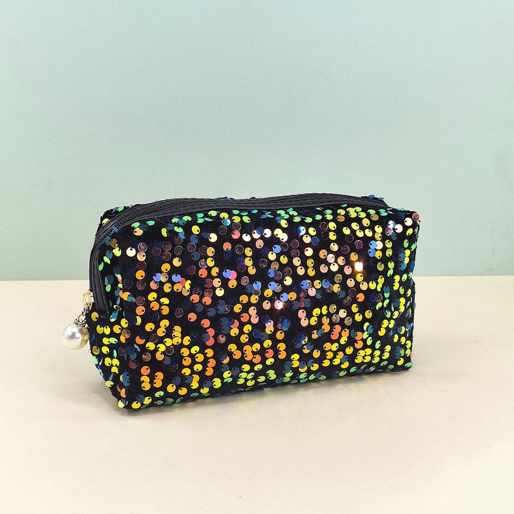 Velvet Sequin Makeup Bag With Large Capacity For Travel And Daily Use