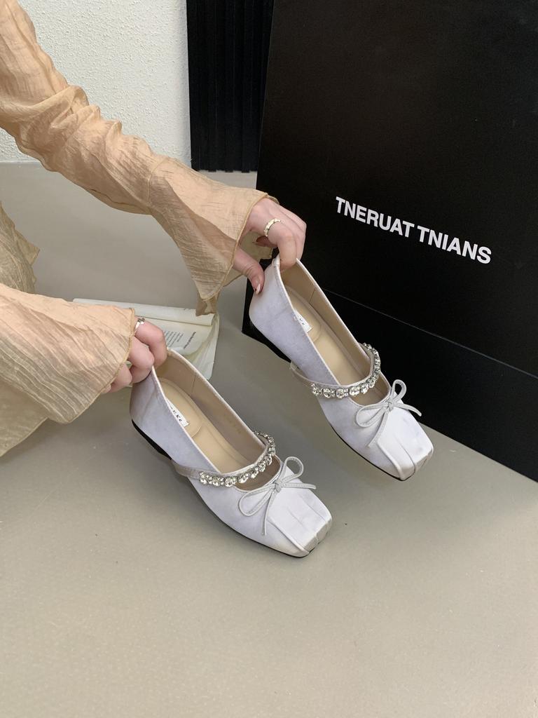 2025 new autumn and winter square head with rhinestone satin bow soft bottom ballet bean inner height increase pregnant women