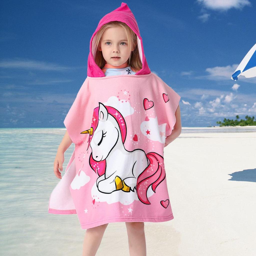 Ultra-Fine Fiber Cartoon Print Kids' Hooded Bath Towel Poncho