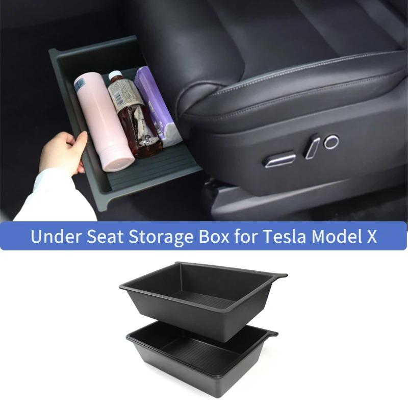 For Tesla Model X Front Underseat Storage Box Car Seat Push Pull Drawer TPE Hidden Storage Boxes Car Interior Accessories 2024