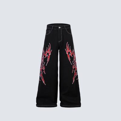 Unisex Jeans mit weitem Bein und Flammen-Totem-Stickerei Genähte Naht Streetwear Lockere Passform Verjüngt M-XXL