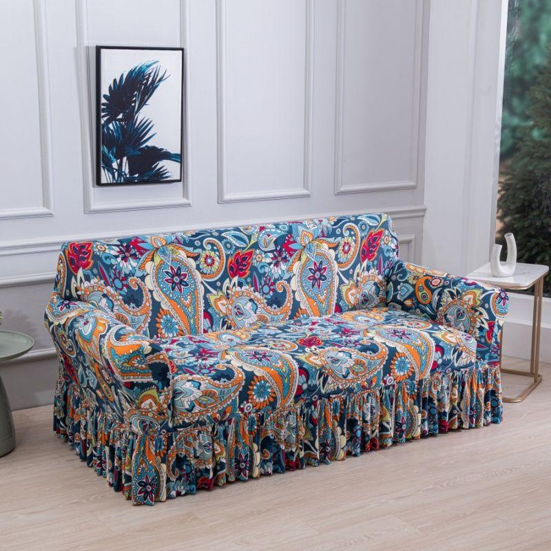 Floral Digital Print Elastic Sofa Cover with Ruffled Hem - Stretchy One-Piece Design, Adjustable Straps  Couch Covers for Sofa