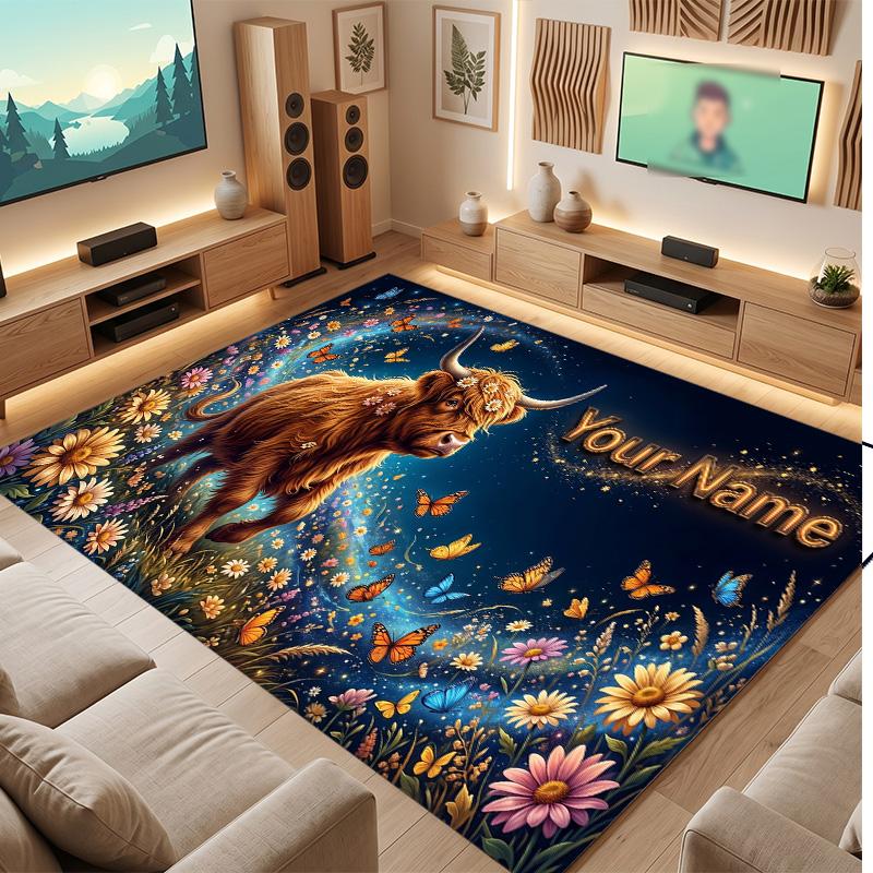 Highland Cow Theme Soft Crystal Velvet Rug Custom Name & Text Print Non Slip Floor Rug for Bedroom Living Room