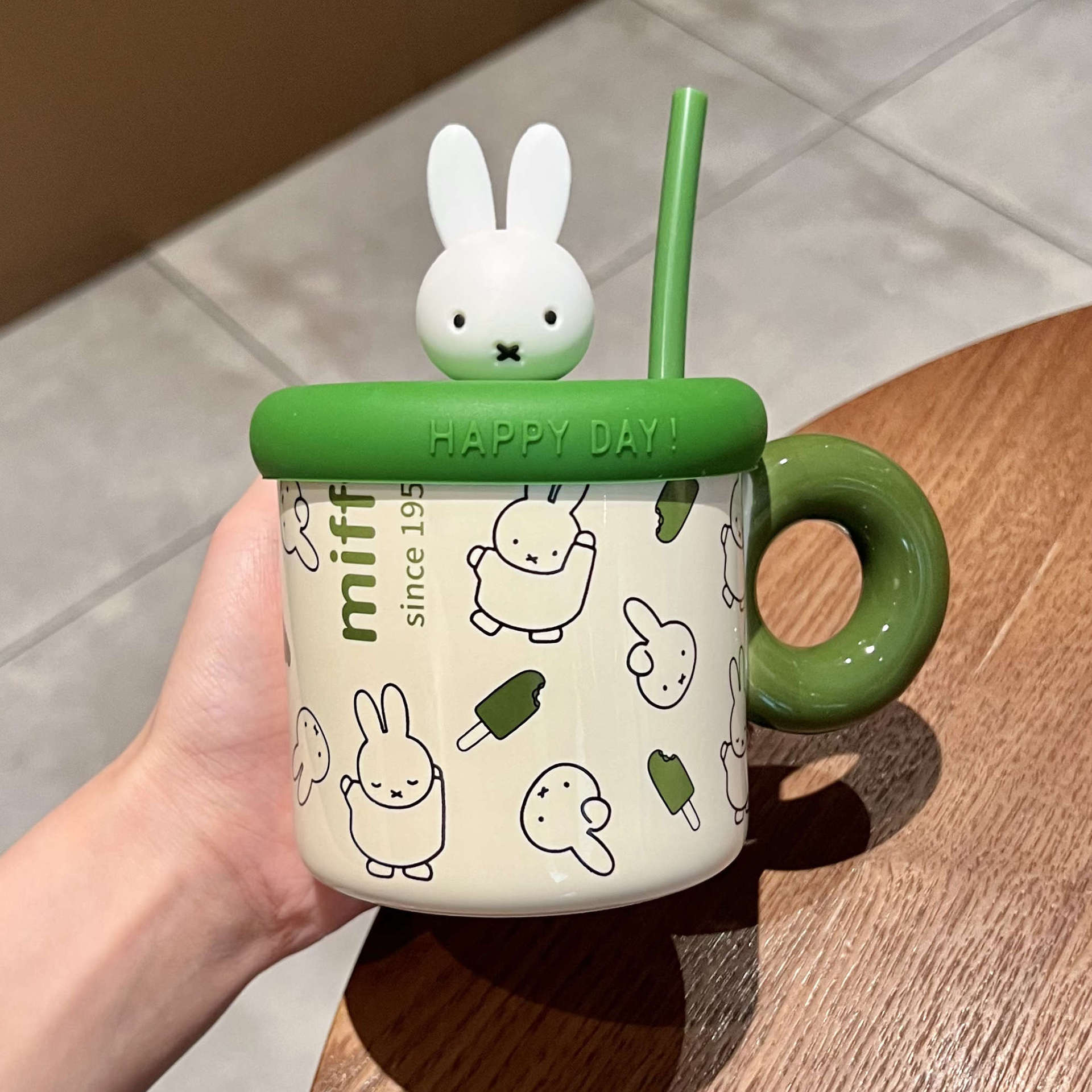 Baifenbai Home Furnishing Girls White Cute Miffy Rabbit Ceramic Mug With Lid Office Straw Drinking Cup For Boys And Birthday Gifts