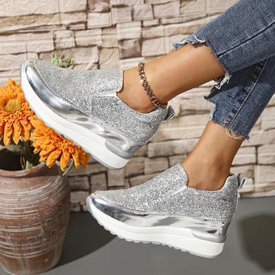 Silberne Pailletten-Keil-Sneakers für Damen, modische Slipper mit dicker Unterseite, vulkanisierte Schuhe, neue, höhenverstellbare Freizeitschuhe für Damen, Größe 42