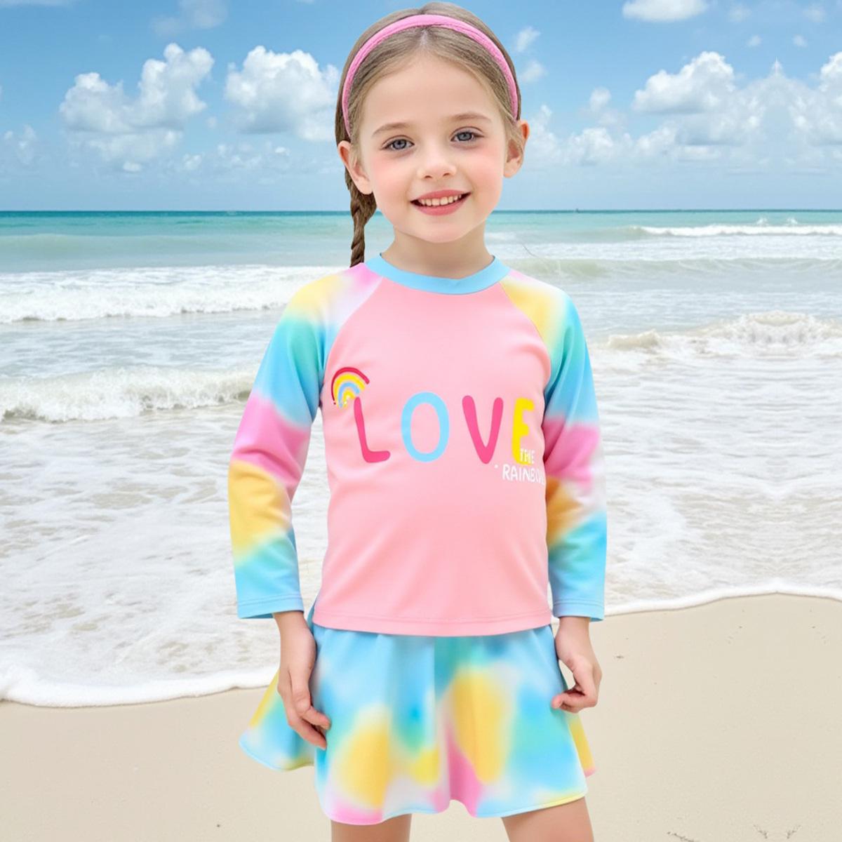 

Girls Tie-Dye Long-Sleeve Two-Piece Swimsuit Set with Short Skirt 5 Years цветочный