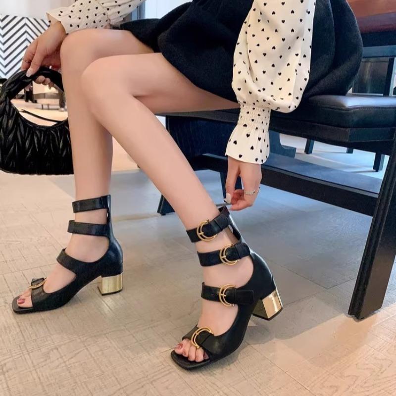 

Босоножки на высоком каблуке с открытым носком, женские летние, с квадратным носком, с открытым носком, с металлической пряжкой-ремнем, с римским вырезом, на квадратном каблуке 40 чёрный