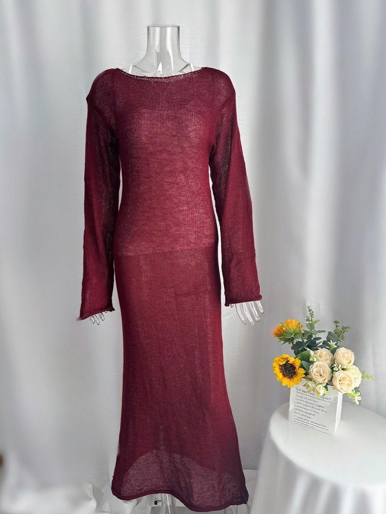 Jaro Podzim O-Výstřih Elastické Pletené Dlouhé Šaty Ženy Elegantní Šik Měkké Dámské Vykrojené Svetrové Šaty Femme Nové