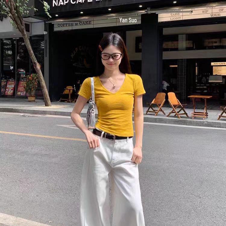 Jane Manni Women's Slim V-Neck Short-Sleeve Summer T-Shirt - Versatile & Hot Girl Style