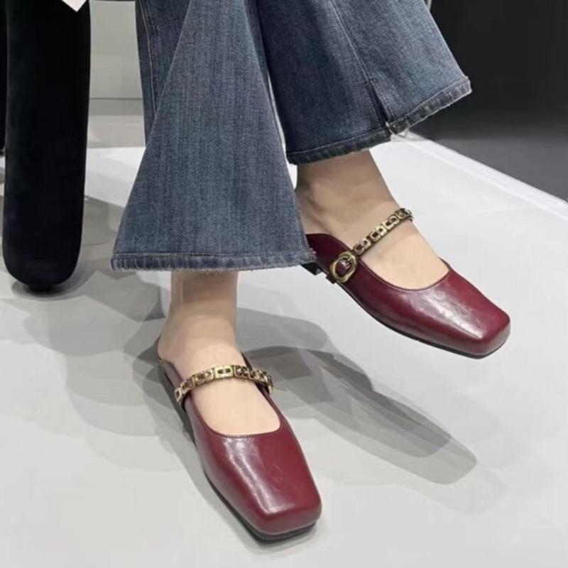 Fashion Spring New Flat Shoes Women's Fashion Square Head Shallow Mouth Metal Chain Soft Sole Anti-slip Wear-resistant Slippers