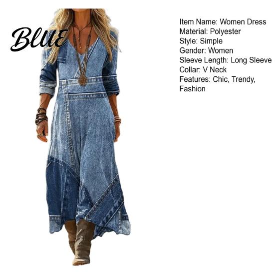 Versatile Women's Dress Denim Print Maxi for Women Casual Long Sleeve V Boho