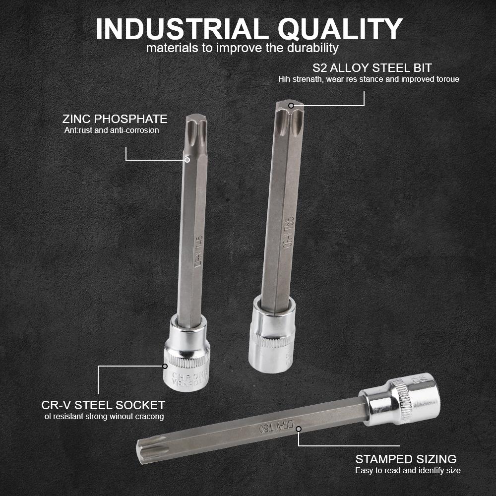Biltillbehör Krom-Vanadinstål Drivning Extra Lång T25, T30, T40, T45, T50, T55, T60 Storlek Torx Stjärnbit Hylsnyckelsats 7 st 3/8 tum