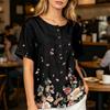 Women’s Fashion Printed Short Sleeve Cotton Linen Shirt with Henley Button Neckline and Chest Pocket for Casual Wear