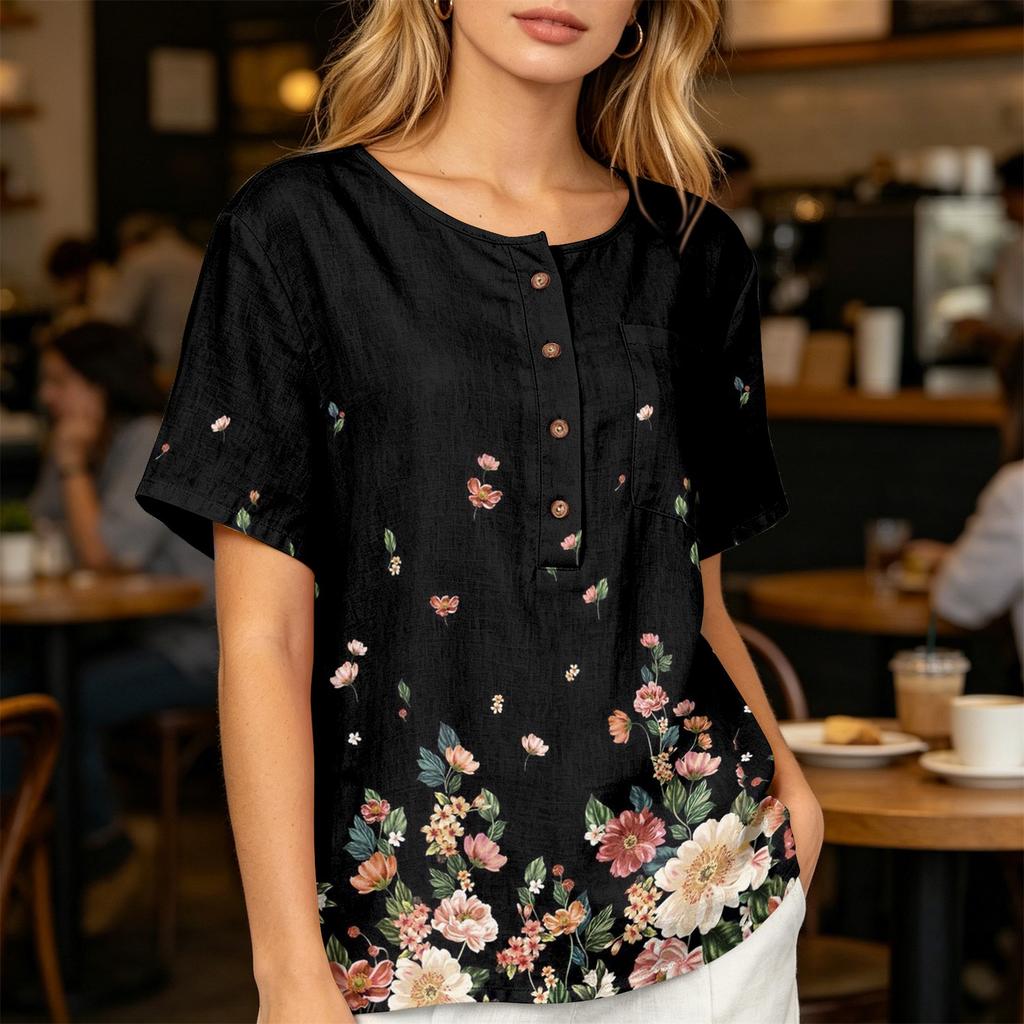 Women’s Fashion Printed Short Sleeve Cotton Linen Shirt with Henley Button Neckline and Chest Pocket for Casual Wear
