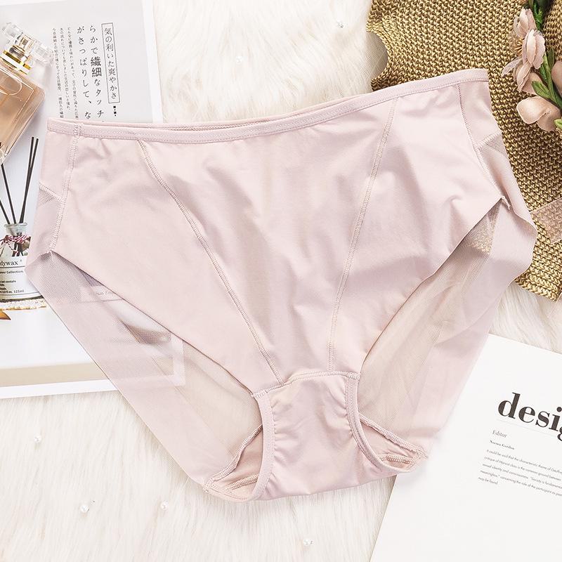 "Women's Seamless Ice Silk Mesh Mid-Waist Briefs: Breathable, Sexy, and Comfortable with Pure Cotton Crotch."