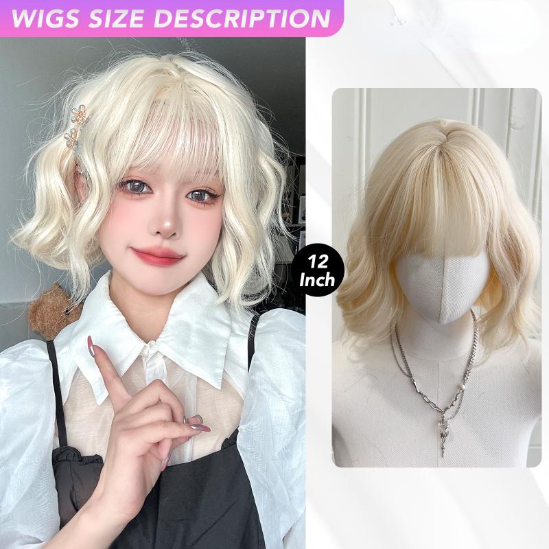 12 Inch Water Curly Wave Short Bangs Wigs Blonde Fiber Synthetic Wigs Heat-resistant Natural Party or Selfie For Women Korean Fashion