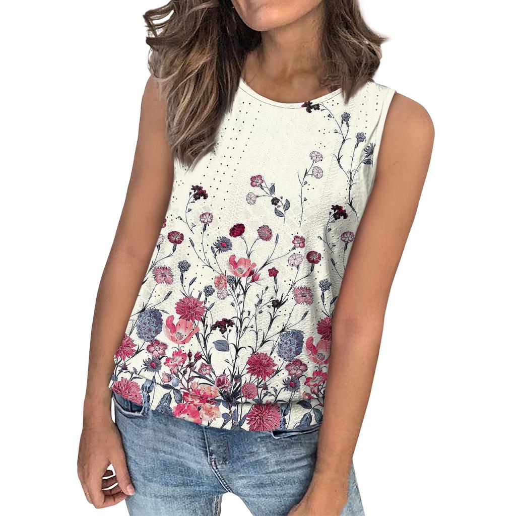 Women's Loose Fashion Casual Vintage Floral Print Crew-neck Sleeveless Summer Vest
