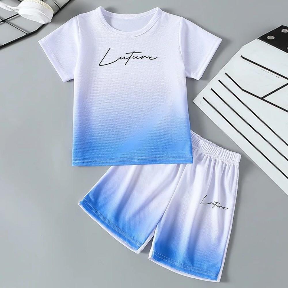 Summer Men's New Comfortable and Breathable Round Neck T-shirt Shorts Letter Gradient Set Outdoor Casual Two-piece Set