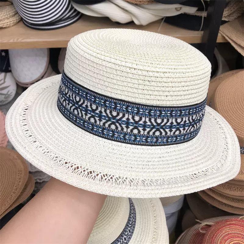 Women s Flat Top Straw Cap Natural Wheat Straw High Top Flat Top Hat Women s Straw Hat Beach Flat Brim Hat Handmade Sun Cap белый