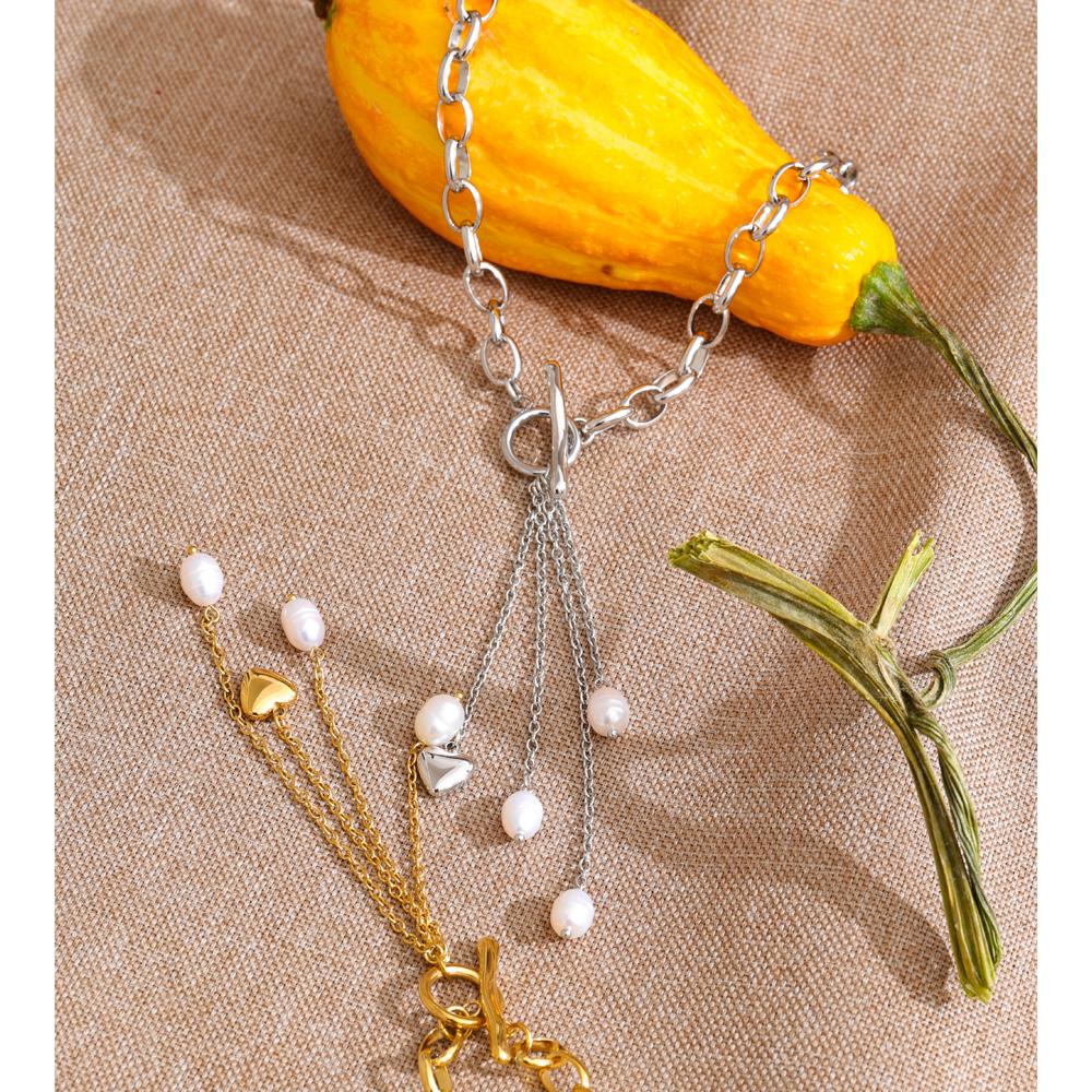 Yhpup 2026 Stainless Steel Natural Pearl Heart Tassel Chain Drop Necklace for Women Stylish Design Charm Jewelry Gift