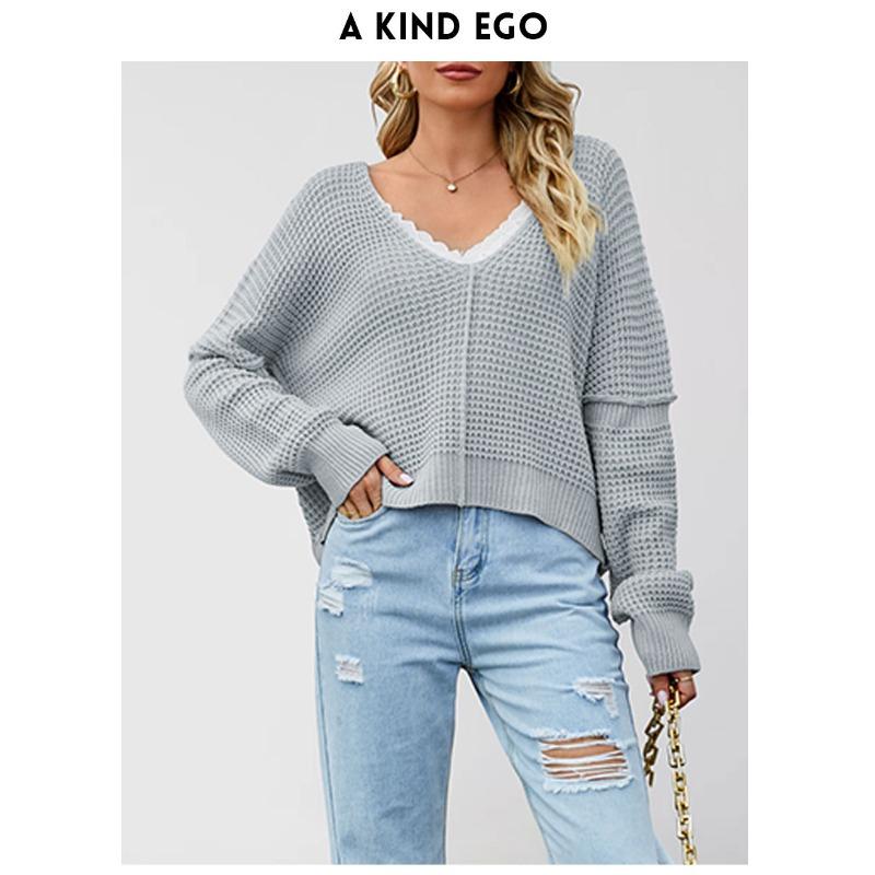 Women S V Neck Off Shoulder Knit Sweater Solid Color Casual