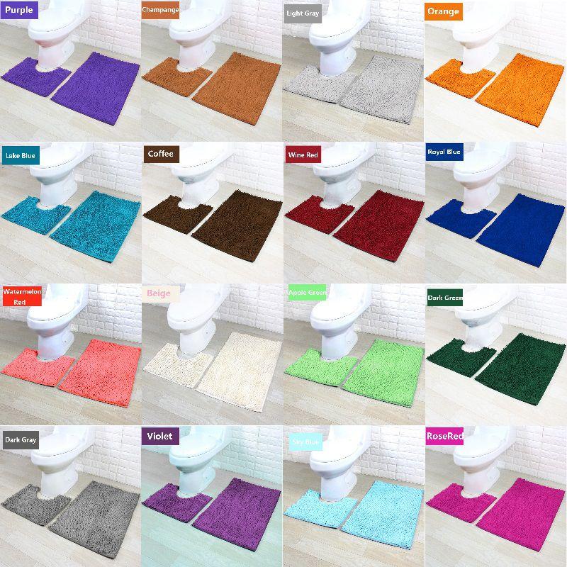 2 Piece Bath Mat Set Non Slip Toilet Pedestal Soft Foam Shaggy Rug Chenille