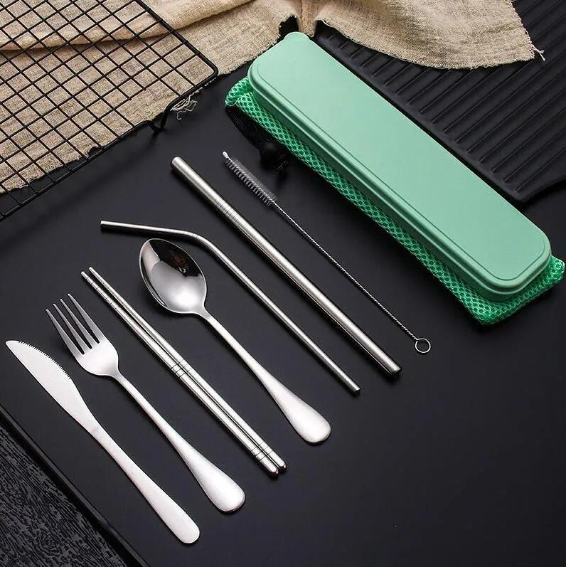 Stainless Steel Flatware Portable Cutlery For Outdoor Travel Picnic Dinnerware Set Metal Straw With Box And Bag Kitchen Utensil FMT2155