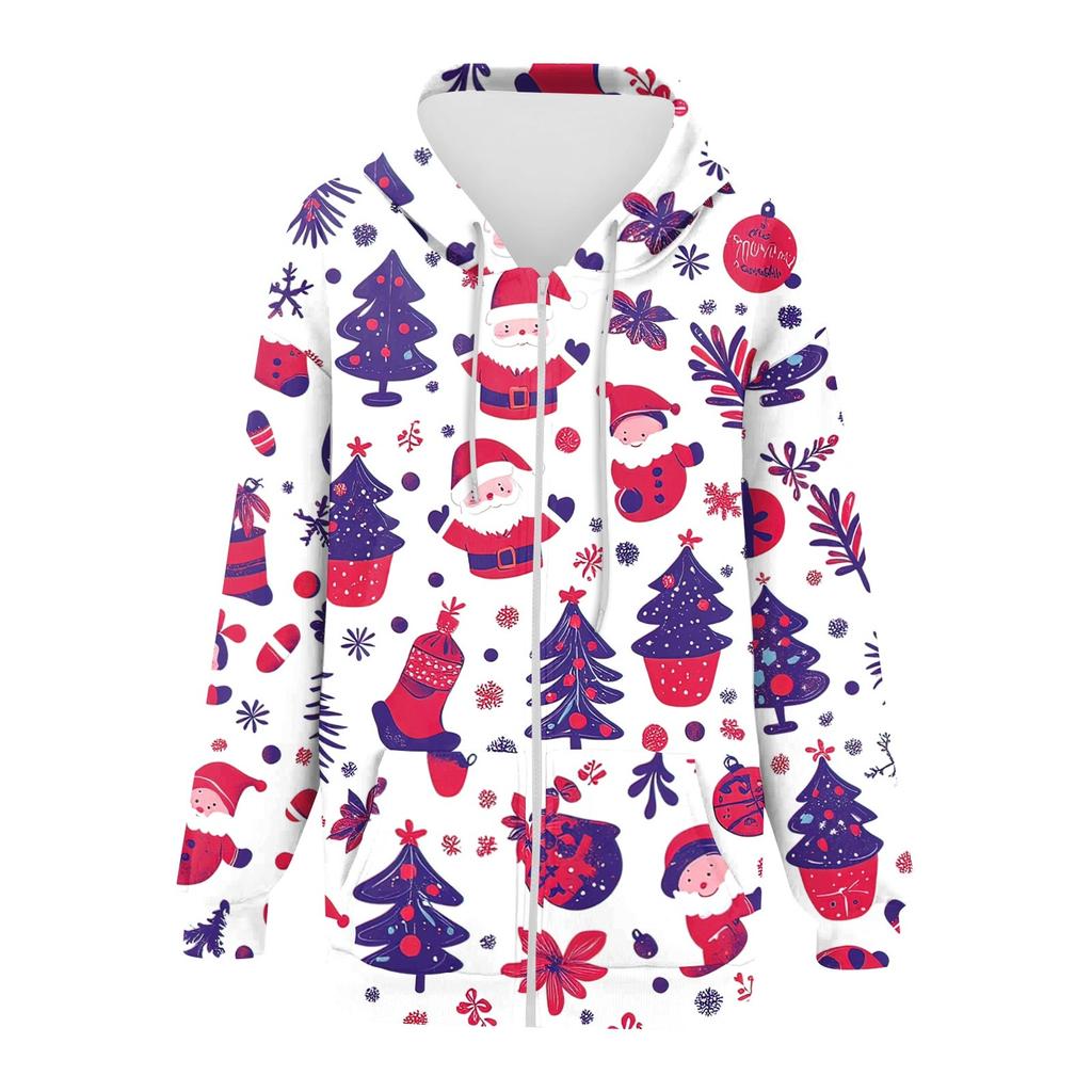 Ladies Fashion Casual Christmas Print Sweatshirt  Winter Long Sleeve Cardigan Jacket With Pocket Zipper Hoodie Jacket
