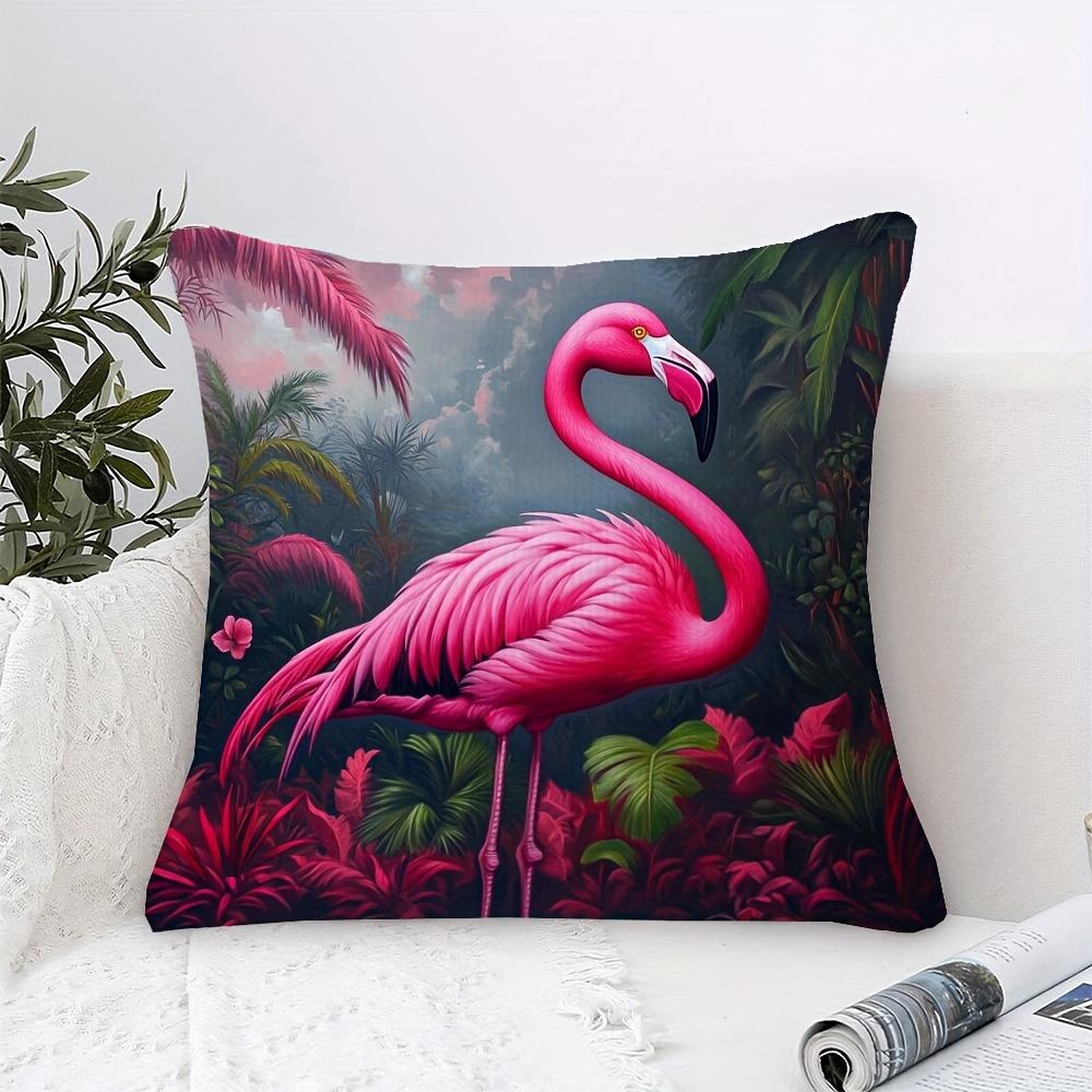 1 Stück Heißrosa Flamingo Tropische Blätter Kissenbezug - 18x18 Zoll Weiches Plüsch Dekoratives Cover, Einseitiger Druck, Reißverschluss,