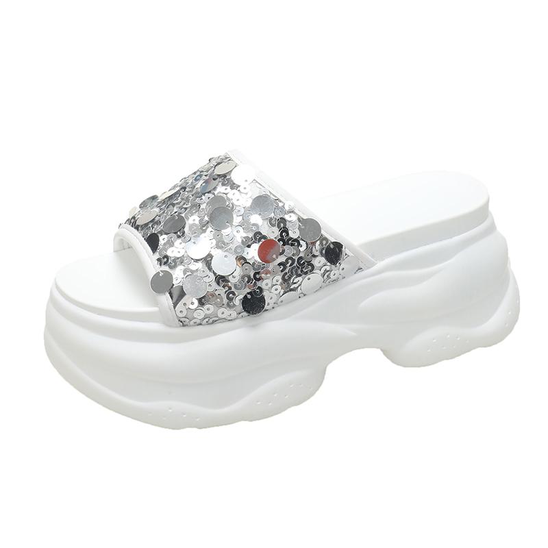 Fashion 8CM Non-slip Outdoor High Platform Rhinestone Mule Shoes Woman New Summer Sandals Ladies Brand Design Bling Wedge Slide Slipper