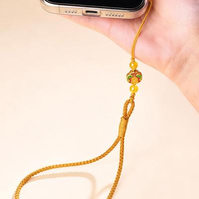 Yellow Crystal Wealth Bead Car Hanging Ornament, Alloy Fortune Plaque Phone Strap Braided Chain, Feng Shui Blessing Gift for Car