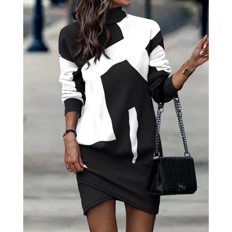 Autumn and Winter Long-sleeved Turtleneck Printed Skirt Women Casual Dresses