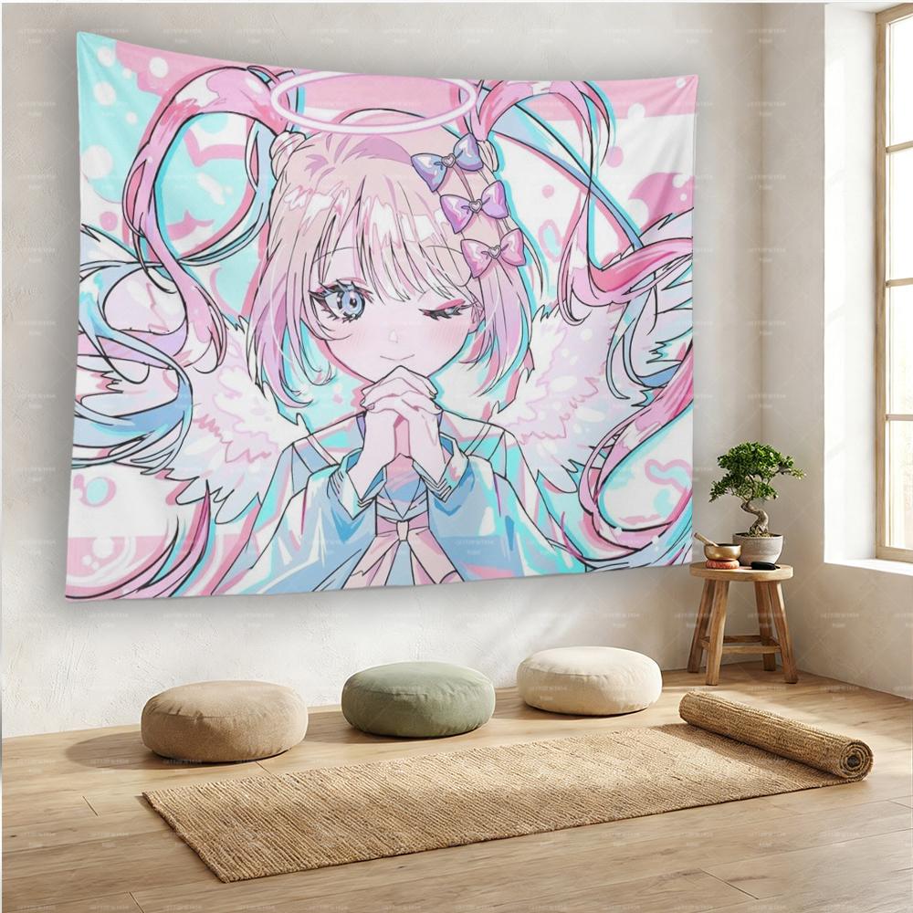 Süßes Anime-Engelsmädchen mit Heiligenschein Flügeln Wandteppich Pastell Goth Wandkunst für Mädchenzimmer Dekoration