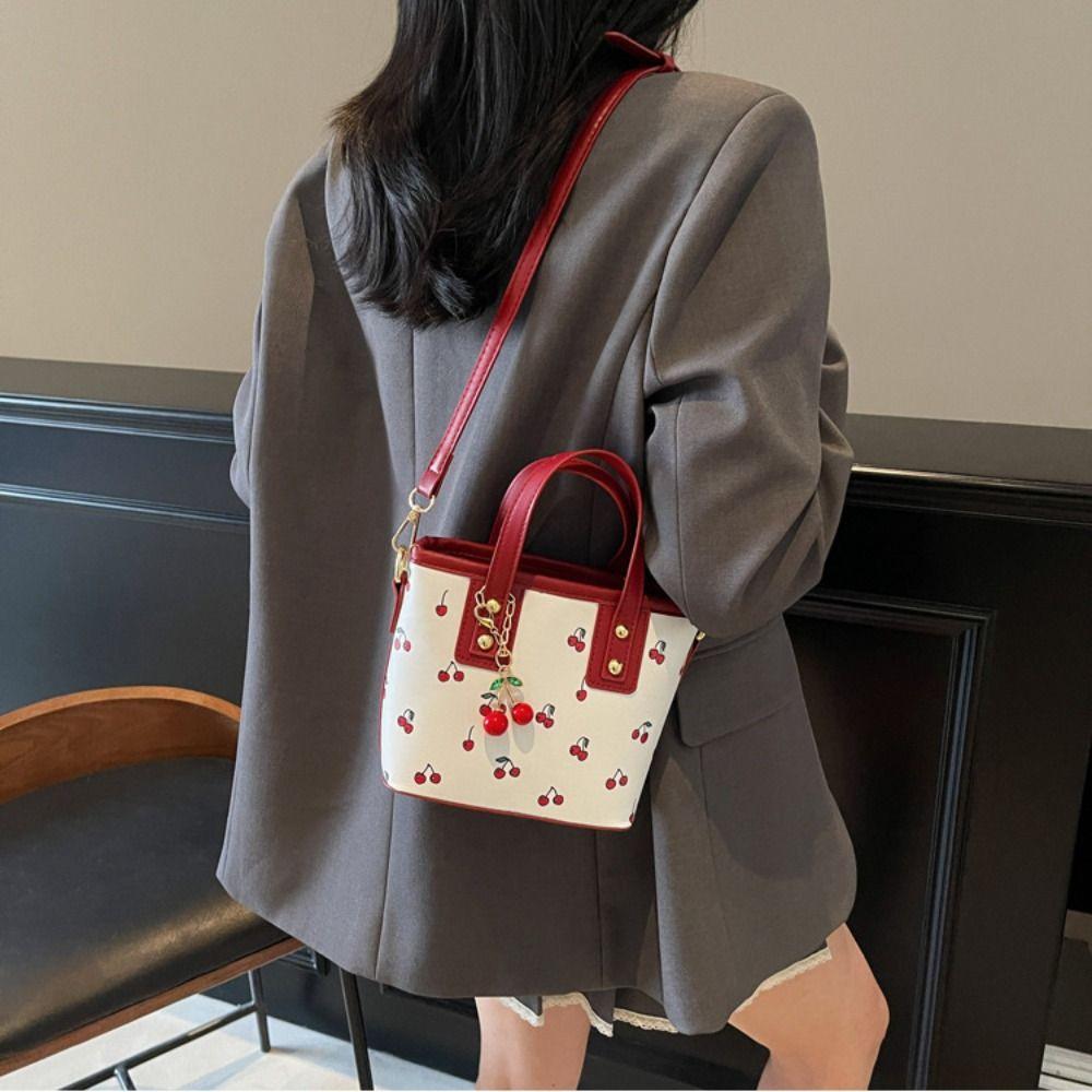 Korean Style Cherry Crossbody Bag Large Capacity Square Tote Bag Bucket Shoulder Bag Travel