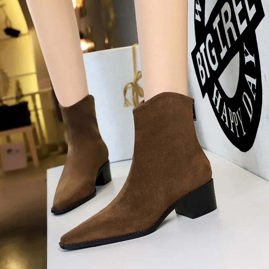 BIGTREE Shoes New Autumn/Winter Women Boots Round Toe Chunky Heel Boot Western Boots Zapatos De Mujer Mid-calf Boots
