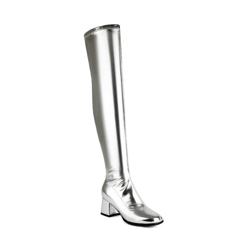 Sparkle Metallic Silver Golden Stretch Overknees Square Chunky High Heels Thigh High Long Over-the-knee Boots Shoes for Women