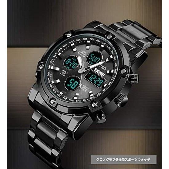 Mens wristwatch digital-analog chronograph business casual alarm function calendar day stopwatch luminous light SS belt 30M water-resistant round face