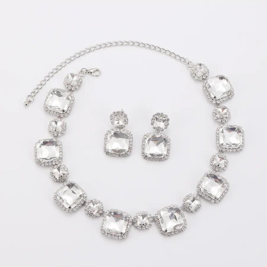 New Trend European And American Exaggerated Rectangular Geometric Multi-Layer Color Crystal Necklace Earrings Set Accessories