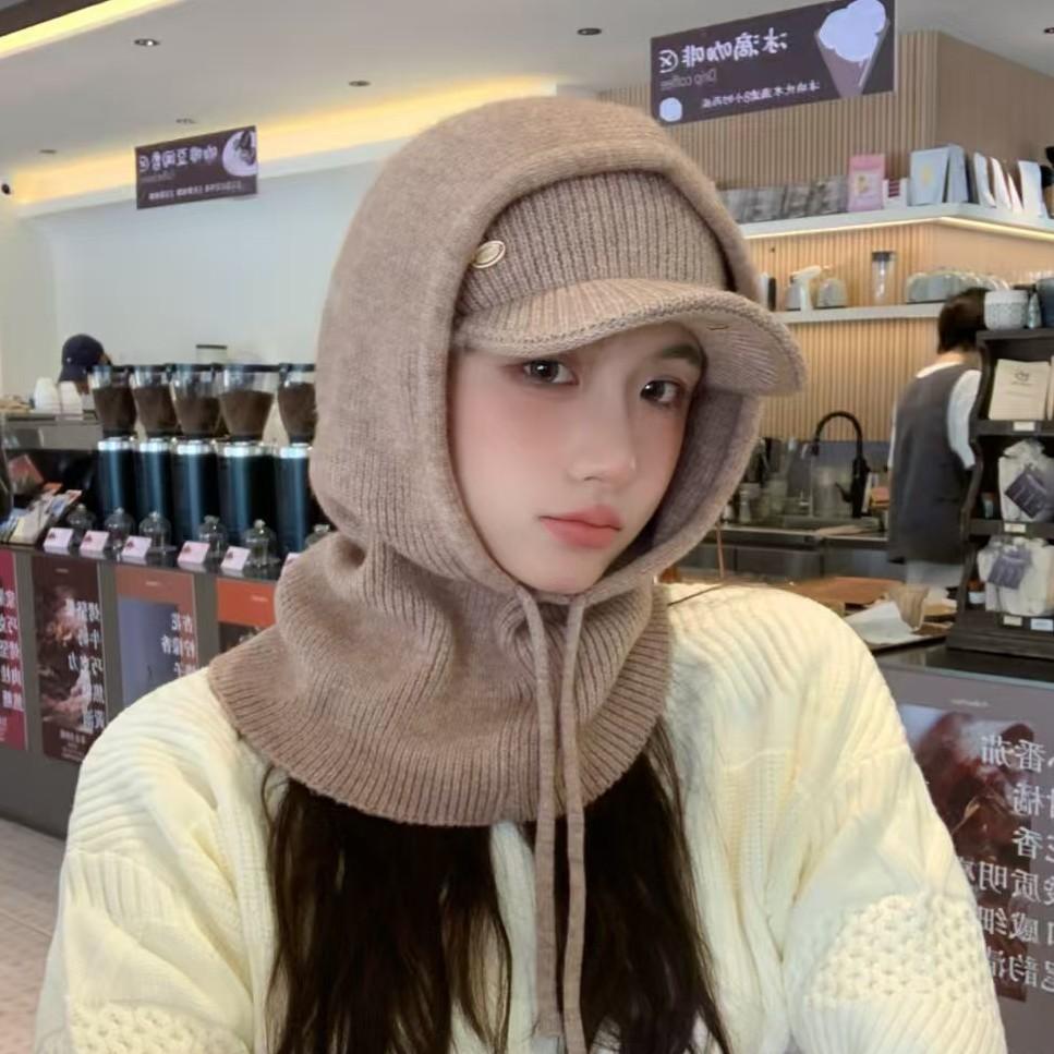Chapeau d'automne et d'hiver pour femme, mode polyvalente, cagoule, bonnet à trou sur le dessus, casquette de baseball, écharpe intégrée, ensemble deux pièces