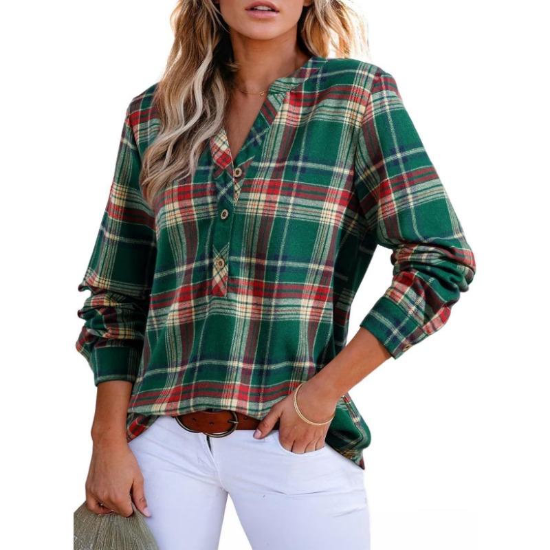 Women S V Neck Plaid Long Sleeve Casual Shirt