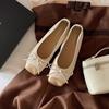 Ballet Style Splicing Small Square Head Shallow Mouth One Pedal Flat Bow Single Shoes Women's Leather